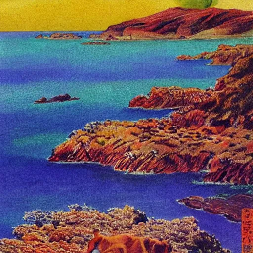 Prompt: Australian Coast, by Nobuhiko Obayashi, matte painting, colorful landscape.