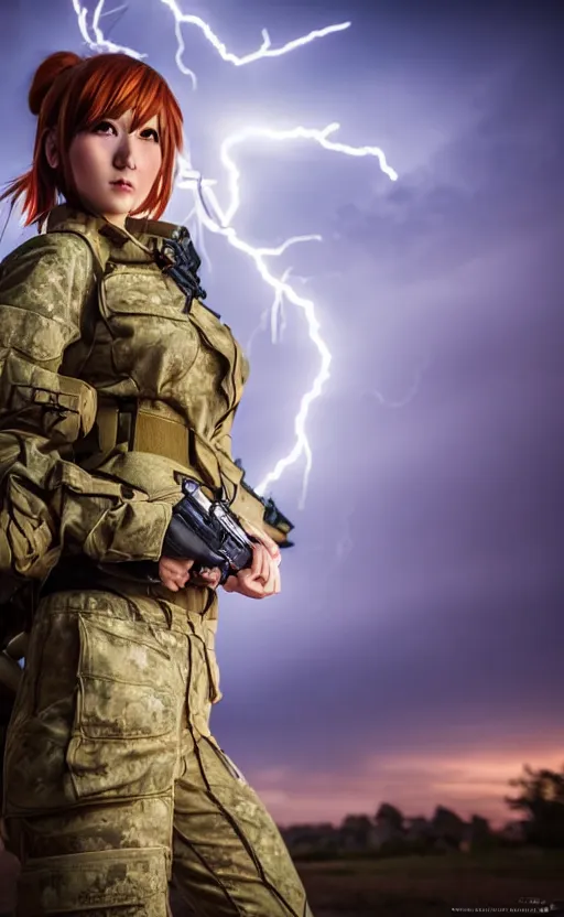 Prompt: highly detailed, high resolution, cosplay photo, stunning, realistic lightning, real sunset, in the middle of the battlefield, girls frontline style, bokeh soft, 100mm, trending on facebook, by professional photographer, realistic anatomy, realistic military carrier, soldier clothing, airsoft, modern warfare