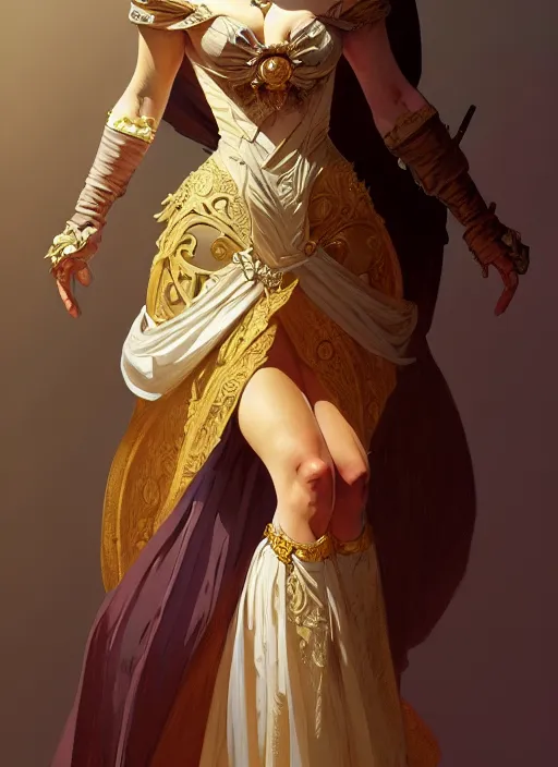 Image similar to portrait of a full body of beautiful female princess, d & d, baroque dress, flat lighting, intricate, muscular, highly detailed, digital painting, artstation, concept art, smooth, sharp focus, illustration, art by simon bisley and greg rutkowski and alphonse mucha, natural tpose