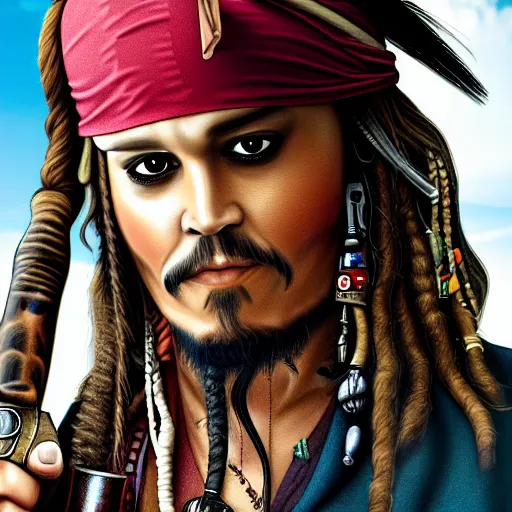 Prompt: jack sparrow with a parrot on the shoulder, portrait, 8k resolution, hyper detailed