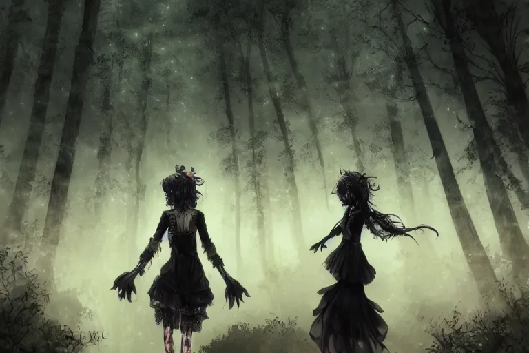 Image similar to goth woman in a moonlight view, in a forest, a river, tankoban, 4 k, tone mapping, akihiko yoshida, james jean andrei riabovitchev marc simonetti, yoshitaka amano, long hair, curly, h. hydrochaeri