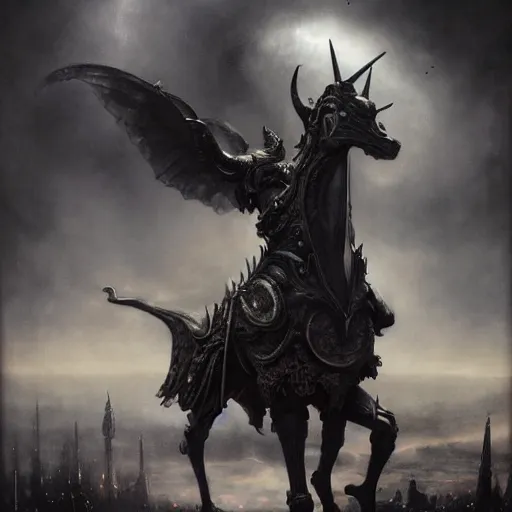 Image similar to By Tom Bagshaw and Boris Vallejo, ultra realist soft painting of a warzone by night, centered Gothic armored unicorn standing, horror, omnious sky, symmetry accurate features, very intricate details, black and white, volumetric light clouds