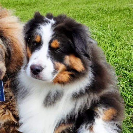 Prompt: australian shepherd cuddling with a maine coon