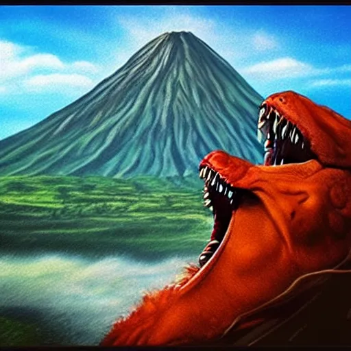 Image similar to photo realistic art of t-rex roaring, Volcano erupting far in the background, very very very very detailed