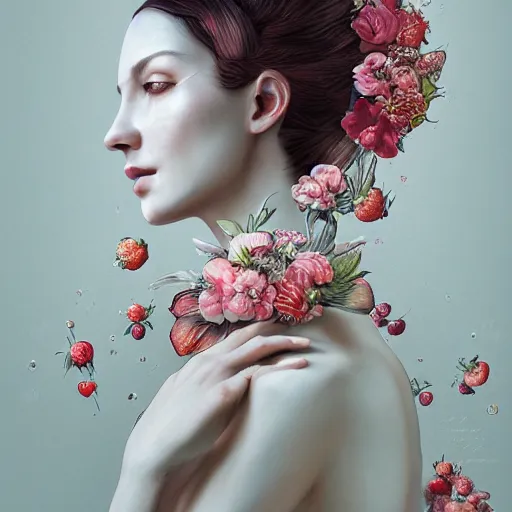 Image similar to the portrait of an absurdly beautiful, graceful, elegant, sophisticated, fashionable woman made of strawberries and white petals looking down, an ultrafine hyperdetailed illustration by kim jung gi, irakli nadar, intricate linework, bright colors, octopath traveler, final fantasy, unreal engine 5 highly rendered, global illumination, radiant light, detailed and intricate environment