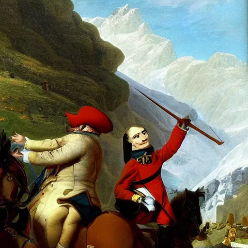 Image similar to Pepe the frog in Napoleon Crossing the Alps by Jacques-Louis David