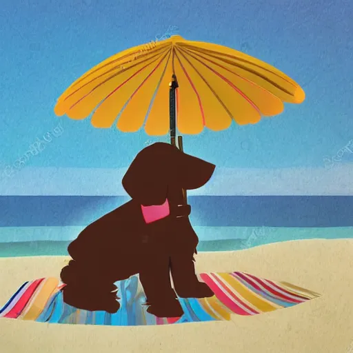 Prompt: cute brown spaniel by the seaside, parasols, bright towels, geometric, pop, lines, sketch, artwork