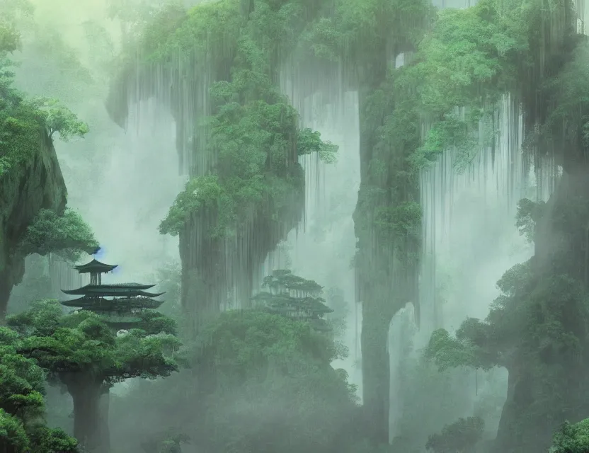 Prompt: a cinematic widescreen photo of ancient japanese temples in a misty bamboo cloud forest with waterfalls at dawn by studio ghibli by roger dean, photorealistic, 7 0 mm