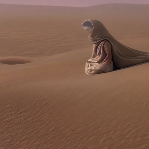 Image similar to chani from dune sitting on her bed looking down at the deserts of arrakis, 8k, photorealistic, dark