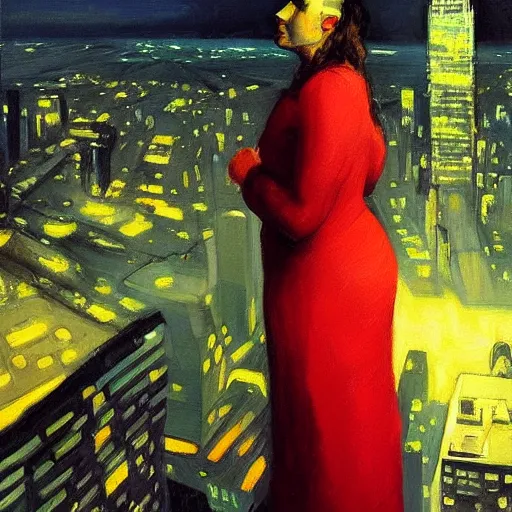 Image similar to “ a girl looking down at a futuristic new york city below, cyberpunk, detailed face, wearing red dress, oil painting, by george bellows ”