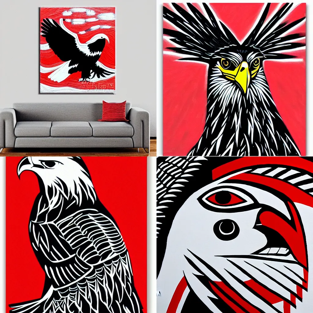 Prompt: Haida Native Eagle Painting, White Red and Black, White Canvas Background