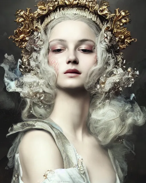 Image similar to 4k cinematic full view ethereal elysian female wearing intricate religious Madonna crown platinum blonde hair rococo style attire by Ruan Jia by Alberto Seveso, detailed and realistic, Artstation