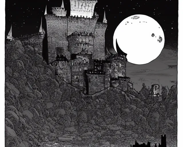 Prompt: dracula's castle rising up from the mist at night silhouetted by a single huge bloodmoon by arthur adams and moebius and chip zdarsky, stunning, comic, pen and ink, slash page, highly detailed