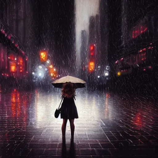 Prompt: detailed intricate digital illustration by greg rutkowski and artgerm and wlop and sanford robinson gifford and annie leibovitz ; girl standing in windy rainy city street, long exposure light streaks from car lights ; 1 3 mm film, cinestill 8 0 0 t, arri alfa anamorphic lens ; sharp focus ; trending on artstation 8 k close view