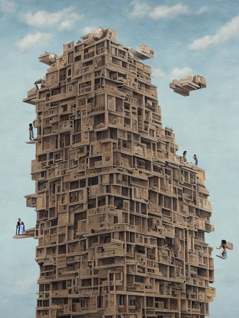 Prompt: artist cinta vidal painting on wooden canvas of a detailed 3 - dimensional building floating in the air,