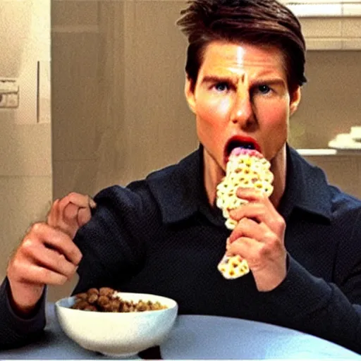 Prompt: spy cam footage of tom cruise eating cereal