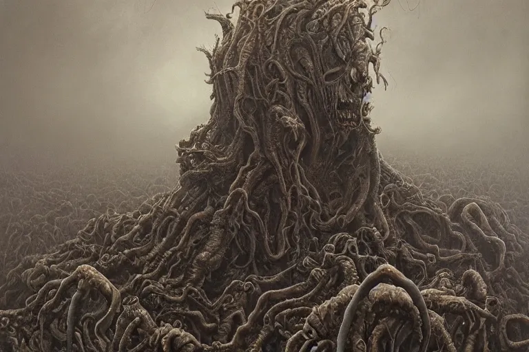 Image similar to Haunting horrifying hyperrealistic detailed painting of a demonic Lovecraftian creature sitting atop a giant pile of soulless husk humans in a foggy hellscape, dystopian feel, heavy metal, disgusting, creepy, unsettling, in the style of Michael Whelan and Zdzisław Beksiński, lovecraftian, hyper detailed, trending on Artstation