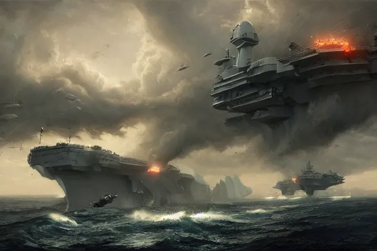 Prompt: aircraft carrier attacked by a giant sea monster, epic, beautiful composition by greg rutkowski, artstation, sea battle scene, sea monster, ship, highly detailed