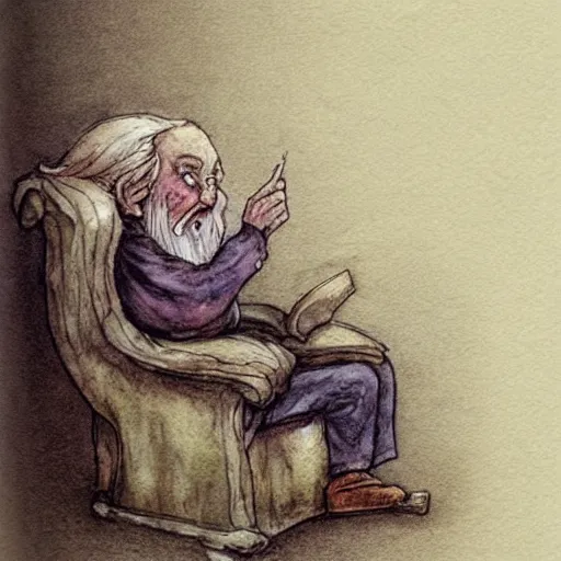 Prompt: dramatic light volumetric light hobbit knome elf whimsical fantastical a muted color watercolor sketch of a old man sitting in big chair next of a fireplace in his whimsical fantastical hobbit house living room surrounded by stacks of books from a whimsical fantastical story book character ifrom the book Baltimore & Redingote by Jean-Baptiste Monge of an old man in the style of by Jean-Baptiste Monge that looks like its by Jean-Baptiste Monge and refencing Jean-Baptiste Monge