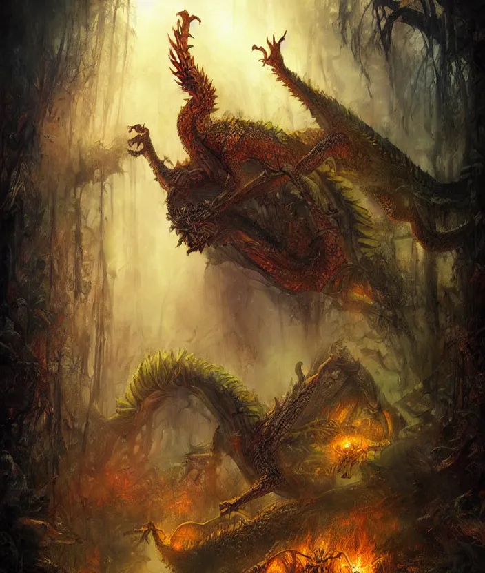 Image similar to Jungle Dragon, mysterious, fantasy artwork, godrays, warm colors, by seb mckinnon