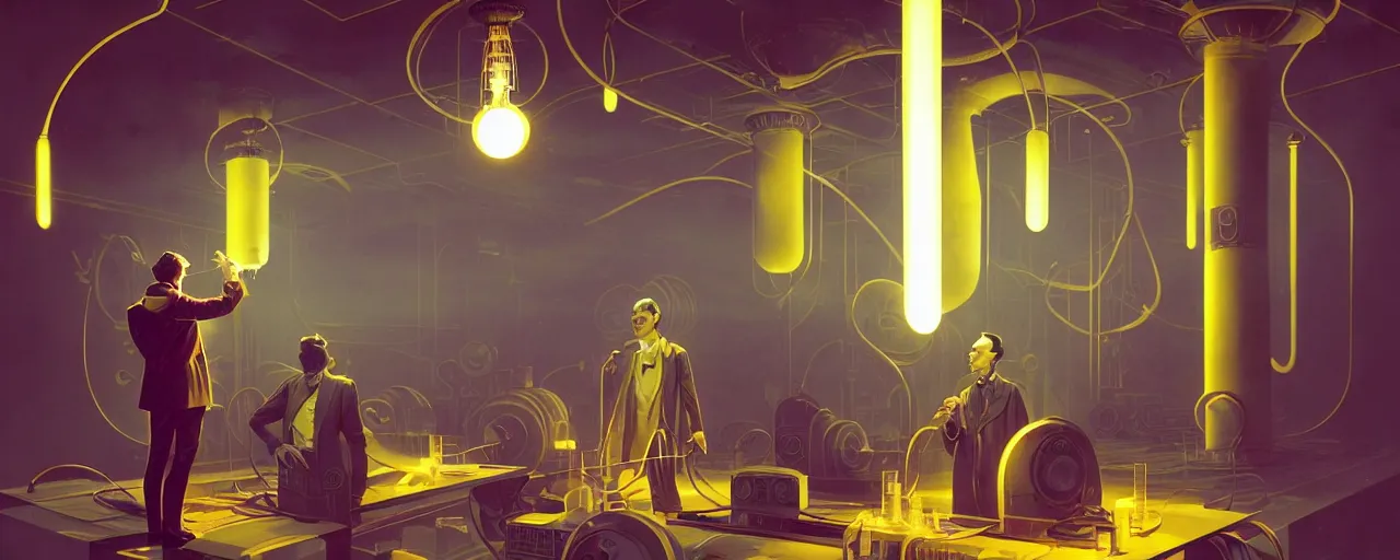 Image similar to duotone retro futuristic illustration 3 / 4 portrait of nicola tesla conducting experiments in wardenclyffe tower. cinematic lighting. golden ratio accidental renaissance. by sachin teng and sergey kolesov and ruan jia and heng z. graffiti art, scifi, fantasy, hyper detailed. octane render. concept art. trending on artstation