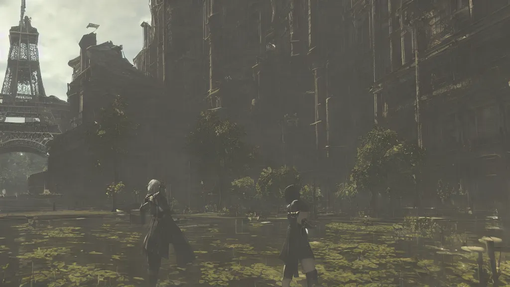 Image similar to Screenshot from Nier Automata, beautiful landscape in Paris