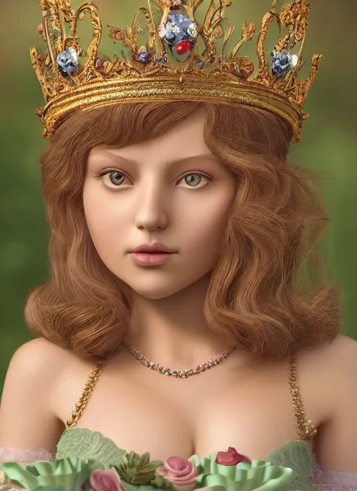 Prompt: closeup face profile portrait of a fairytale princess wearing a crown eating cakes, bikini, depth of field, zeiss lens, detailed, symmetrical, centered, fashion photoshoot, by nicoletta ceccoli, mark ryden, lostfish, breathtaking, 8 k resolution, extremely detailed, beautiful, establishing shot, artistic, hyperrealistic, octane render