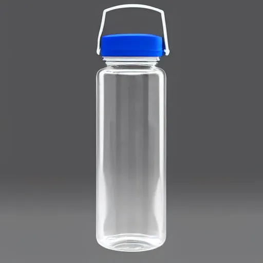 Prompt: A transparent 500ml water bottle filled with water up to half the total volume. It has a metal lid. It has a metal cap on the bottom part. It has a small carrier strap on top. White background. Product picture.