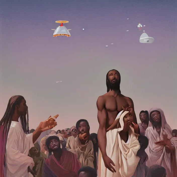 Image similar to many UFOs hovering over an African Jesus, painting by Hsiao-Ron Cheng,