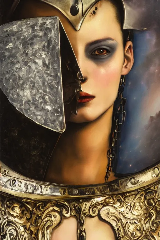 Image similar to hyperrealism oil painting, close - up portrait of european medieval brunette vampire fashion model, knight, steel gradient mixed with nebula sky, in style of baroque