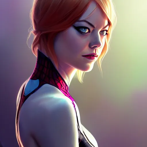 Image similar to beautiful Emma Stone as Spider-Gwen, western, closeup, D&D, fantasy, intricate, elegant, highly detailed, digital painting, artstation, concept art, matte, sharp focus, illustration, art by Artgerm and Greg Rutkowski and Alphonse Mucha