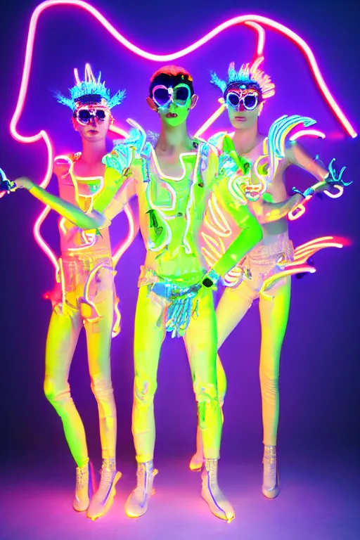 Prompt: full-body neon porcelain baroque tron style sculpture of four young royal dancers Kazaky as a high-fashion half-robot wearing retro shades with a porcelain body with an opening exposing a corrupted battery leaking blue glowing radioactive liquid, electric sparks, glowing violet laser beam eyes, crown of giant rubies, flowing pink and orange neon-colored glitched silk, luminescent fabrics, mechanical raptors. baroque and steampunk elements. full-length view. baroque element. intricate artwork by caravaggio. Very very very very highly detailed epic photo of face. Trending on artstation, octane render, cinematic lighting from the right, hyper realism, octane render, 8k, depth of field, 3D