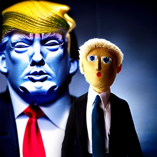 Prompt: photo of president trump as a puppet in a dark room with a soft light on her head, realistic cloth puppet, intricate detail, photorealistic, highly detailed, cinematic atmosphere, dramatic