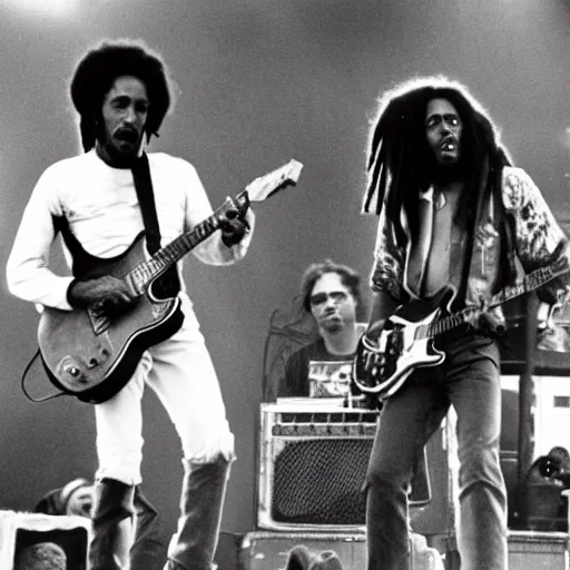 Image similar to bob marley performing at coachella with freddie murphy from queen, photo, concert