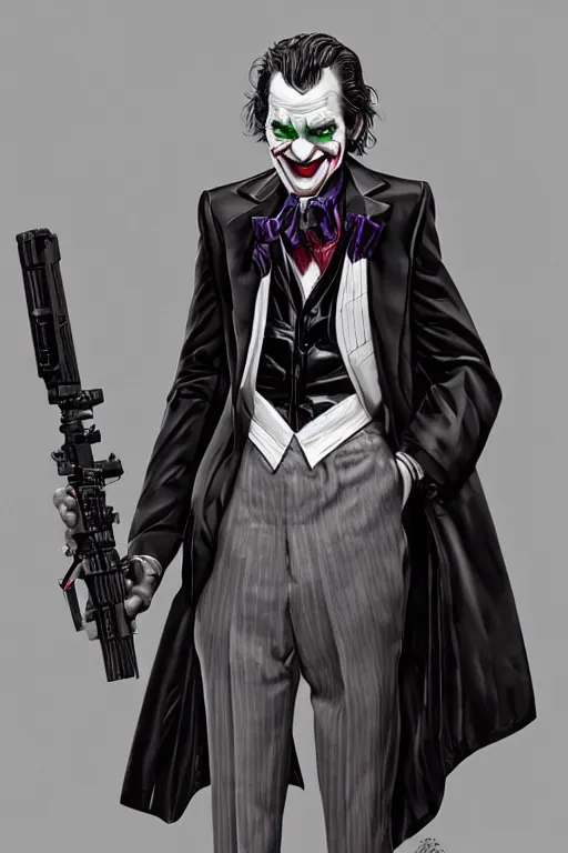 Image similar to Joker wearing dart vader's suit, full character, artstation, highly detailed, highly realistic