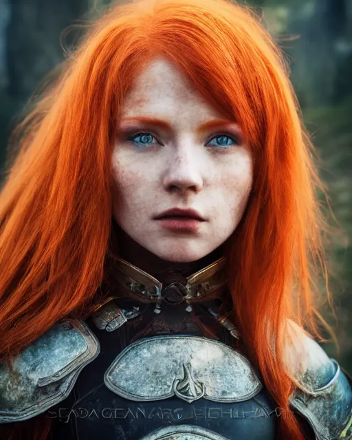 Image similar to north female warrior, red hair, ginger hair, fantasy, high detailed, photography, cloudy, lightweight leather armour, Scandinavia, plain, detailed face, cute face, model, glowing skin, serious face, full body, professional photographer, masterpiece, 8k, 3D