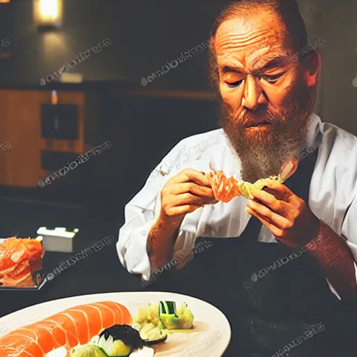 Image similar to neanderthal eating sushi