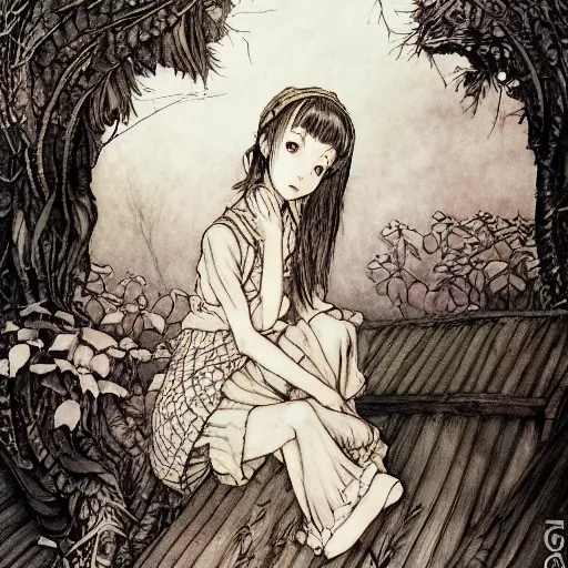 Prompt: photo of a cute young anime-style girl in the style of Arthur Rackham, realistic, wide focus, 8k ultra, insanely detailed, intricate, elegant, art by Laurie Lipton, digital art by James Clyne, art by Steve Hanks