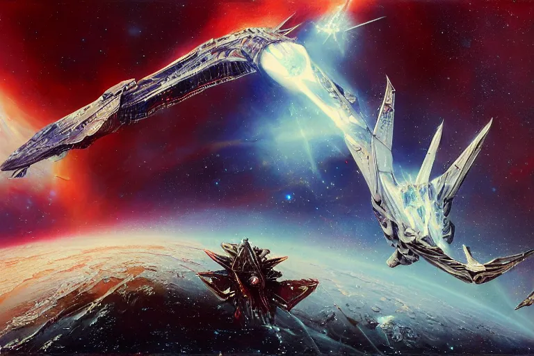 Image similar to gnostic space nebula with debris by raymond swanland, framing a pteranodon battlecruiser, with white kanji insignias, sleek, white john berkey panels, wine red trim, Ralph mcquarrie insets. spines and towers, rows of windows lit internally, sensor array, blazing engines, robotech styling, boeing concept art, cinematic lighting by liam wong