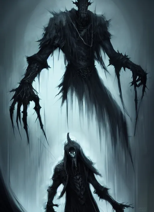 Image similar to creepy pale moster with incredibly long fingers, very long arms, character concept, dark souls concept art, Feng Zhu concept art, dramatic lighting, highly stylized, trending on artstation