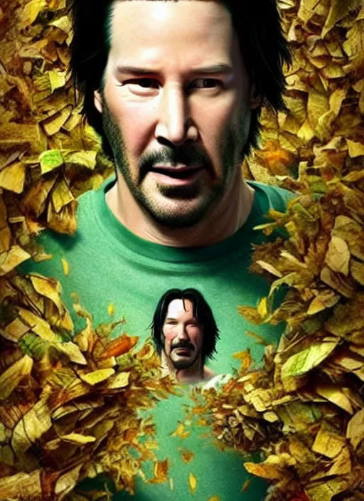 Image similar to highly detailed comedy caper movie poster with silly wacky zany keanu reeves as a sentient pile of leaves, keanu reeves green face as tree sentient leafy bush by greg rutkowski, masterpiece, really funny, 1 0 / 1 0 comedy