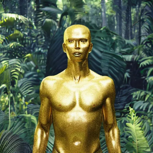 Image similar to a human sculpture made out of shiny gold, blurry jungle background, 8 k, octane render, cinematic lighting, epic shot, photorealistic