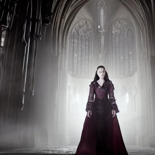 Image similar to emilia clarke as a female demon in a gloomy gothic cathedral at night