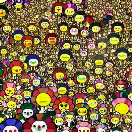 Image similar to A wide shot of a swarm of demons flying up from the depths of Hell in the style of Takashi Murakami