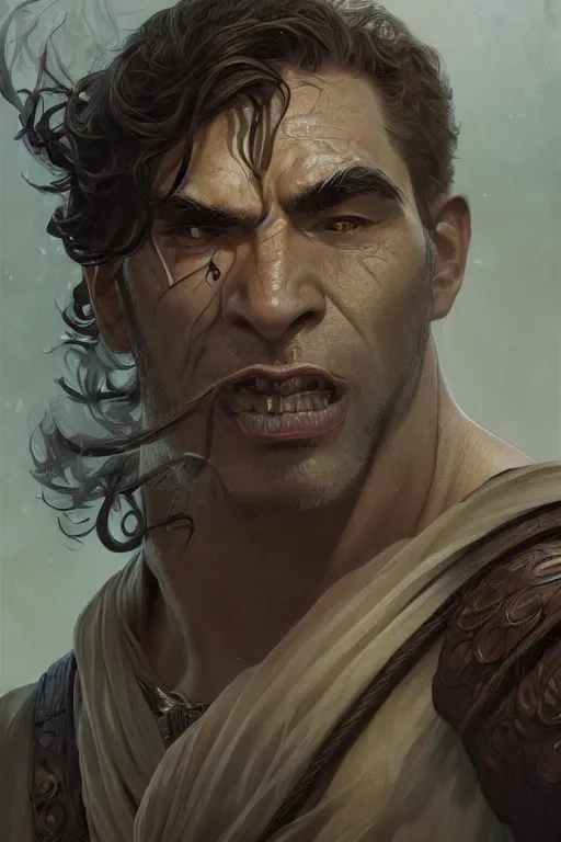 Image similar to up close portrait of a handsome half - orc, d & d, face, fantasy, intricate, elegant, highly detailed, digital painting, artstation, concept art, smooth, sharp focus, illustration, art by artgerm and greg rutkowski and alphonse mucha