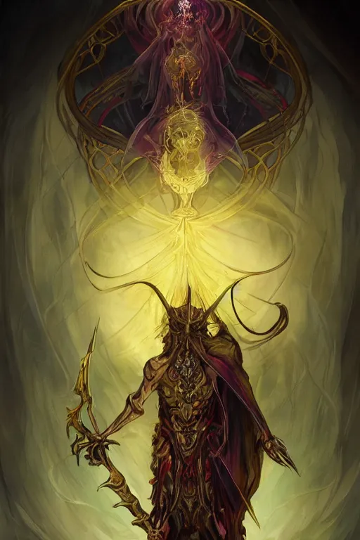 Prompt: breathtaking digital painting of a demon pierced with swords of light, bones stained glass with ruby twilight, strokes of mist and art nouveau golden ribbons, by casimir art, anato finnstark and kelogsloops, elegant, highly detailed, artstation, concept art, matte, sharp focus