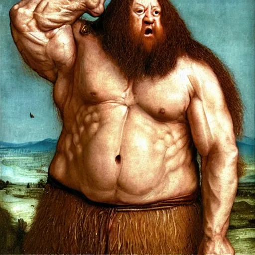 Image similar to portrait of hulking herculean bodybuilder hagrid, oil painting by jan van eyck, northern renaissance art, oil on canvas, wet - on - wet technique, realistic, expressive emotions, intricate textures, illusionistic detail