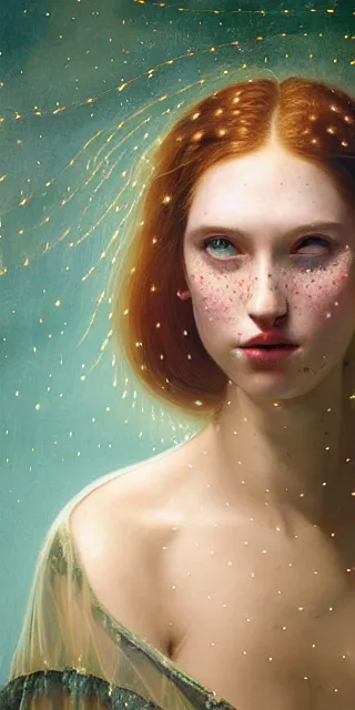 Image similar to amazed and serene young woman, surrounded by firefly lights, full covering intricate detailed dress, amidst nature, long red hair, precise linework, accurate green eyes, small nose with freckles, beautiful smooth oval shape face, empathic, expressive emotions, dramatic lights, hyper realistic ultrafine art by artemisia gentileschi, jessica rossier, boris vallejo