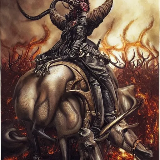 Image similar to a hyperrealistic portrait painting of a beautiful woman with demonic horns wearing steampunk goggles, riding a horse into the fires of hell, by santiago caruso, highly detailed,