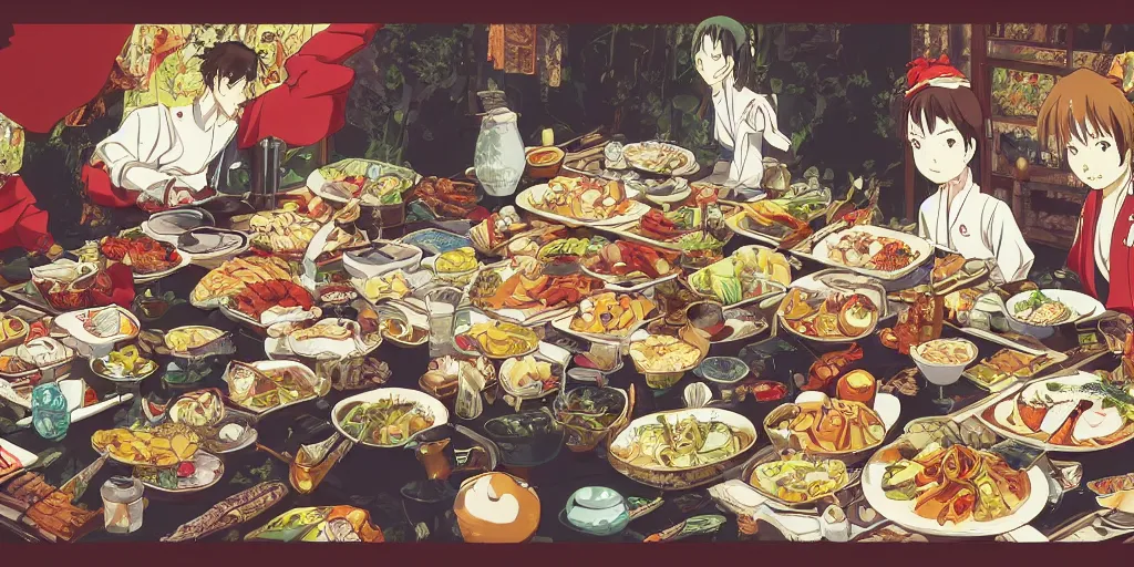 Prompt: A feast for the Yakuza, very detailed, anime, Delicious, Plump, Juicy, Hot Food, large white border, hd, high resolution print :1 by Hayao Miyazaki, Nausicaa, studio Ghibli style, Anime wallpaper, cell shading, trending on deviant art :1